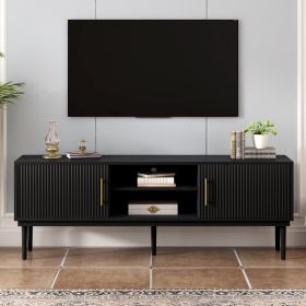 Mirod Stylish TV Stand with Vertical Striped Doors, Space-Saving Sliding Door Design, Sturdy Solid Wood Legs, Versatile as TV Console or Side Cab