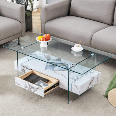 43.3 Inch Modern Two-Tier Coffee Table - Clear Tempered Glass And Black Marble Texture, Multifunctional Storage Design.The Bottom Tier Includes A